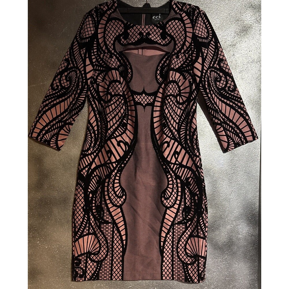 ECI Mauve Pink Black 3/4 Sleeve Sheath Dress 10 Whimsigoth Vampy Baroque Romance